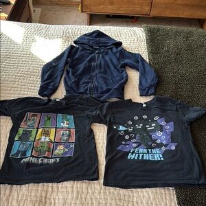 2 Sz M Minecraft Kids T-Shirts - Black & 1 Solid Blue Zip Hoodie